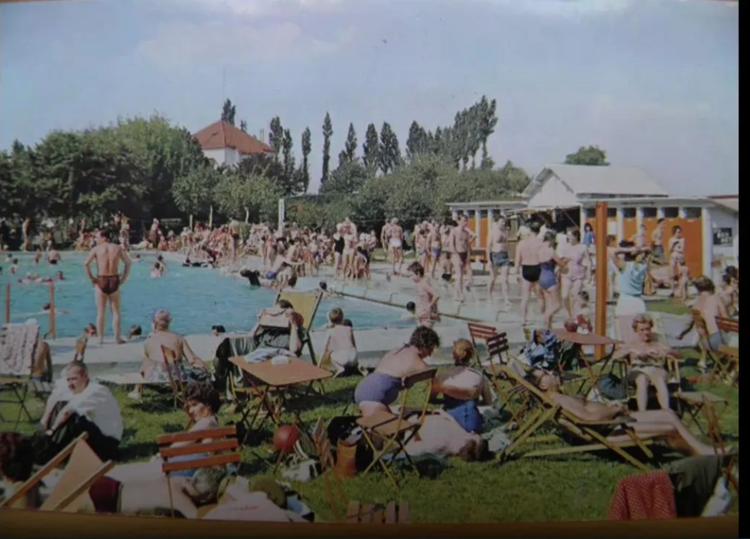 Vue couleur de la piscine du Solarium Rossomme, transats et familles sur la pelouse