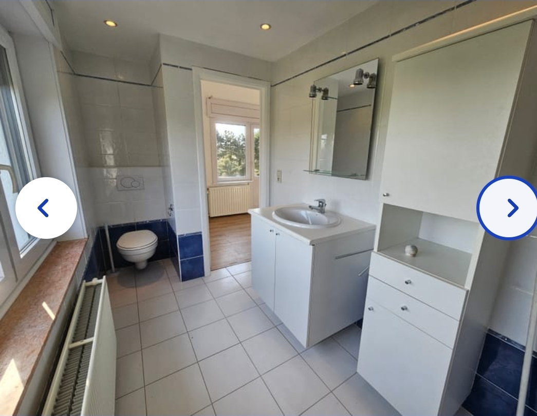 Salle d'eau avec WC suspendu, vasque et rangements
