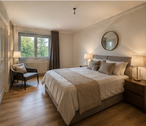 Chambre avec fauteuil, tons chauds et vue jardin