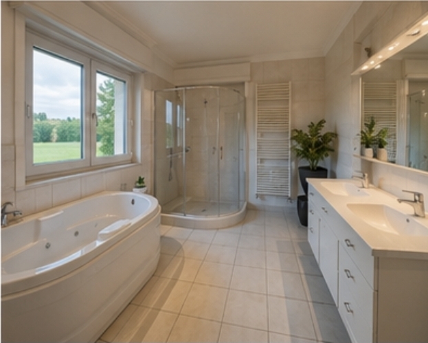 Salle de bain avec baignoire jacuzzi et vue sur la campagne